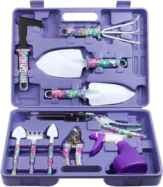 Multifunctional Garden Hand Tool Shovel Rake Clipper Set with Case 10 Pieces