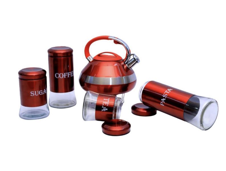 Zamudi Whistling Kettle with Tea, Coffee, Sugar &amp; Pasta Canisters - Red