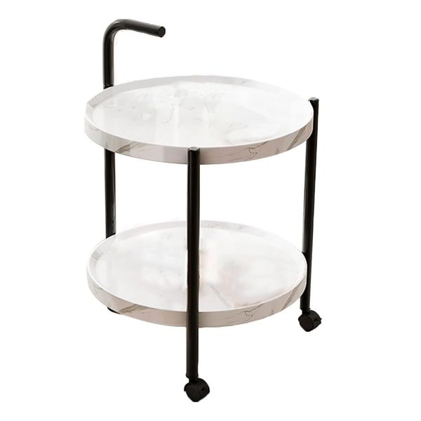 Wood 2 Tier Round Trolley Rolling Side Table with Brakes Sofa Coffee Table
