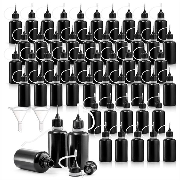 50 Pack Black Precision Tip Applicator Bottles with 2 Funnels 1 Oz