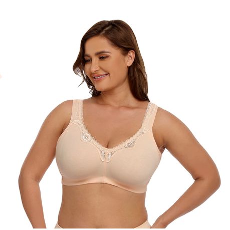  Womens Bra Plus Size Full Coverage Wirefree Non-Padded  Cotton 42DDD Beige