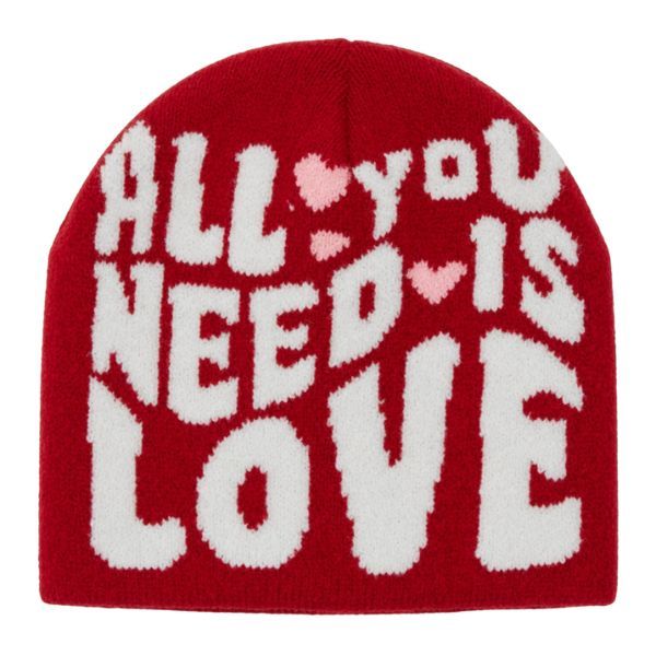 Red "All You Need Is Love" Knitted Beanie - Heart Graphic Winter Hat
