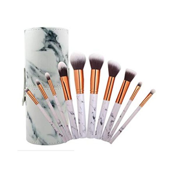 Make Up Kit With 10 Brushes In Cylinder White Marble Case - GLAM Beauty
