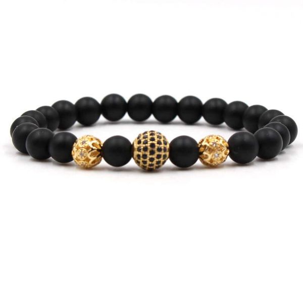 Argent Craft Black Matte Agate Bracelet with Gold Artifacts &amp; Zirconia