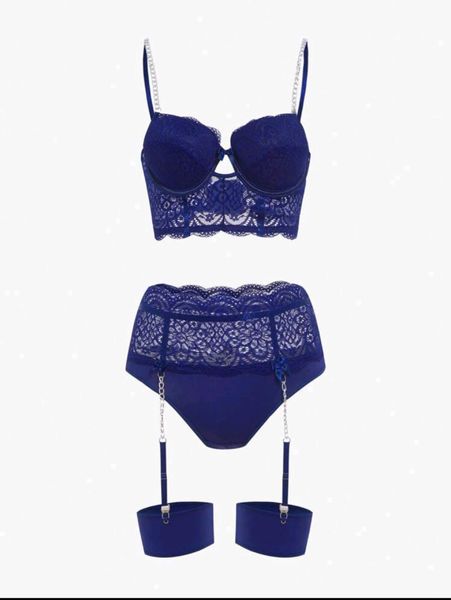 3-piece Contrast Lace Underwire Garter Lingerie Set With Leg Ring - Blue