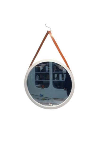 Round White Glass Wall Mirror 60 x 60 cm with Hanging Strap