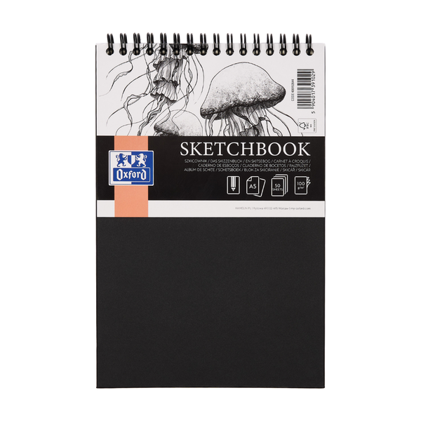 Oxford Sketchbook A5, 50 Sheets, Black Hard Cover, 100g Paper, Twin Wire