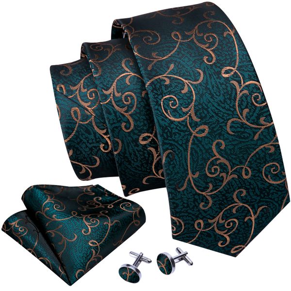 Mens Tie Jacquard Necktie Pocket Square Cufflinks Set Green Golden Vine
