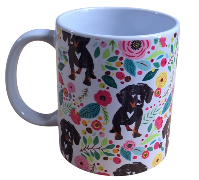 Coffee/Tea Cup - Black &amp; Brown Dachshund with Pink &amp; Yellow Flowers