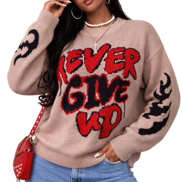 Ladies "Never Give Up" Graphic Knit Sweater Beige