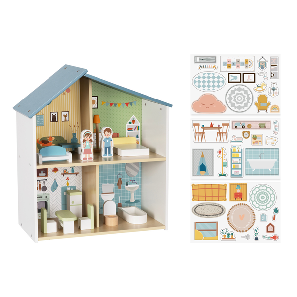 hi Pando - Pretend &amp; Play - Wooden Doll House With Figurines - 14 Pieces