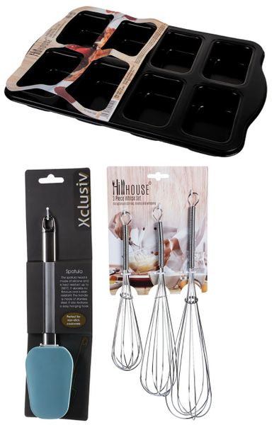 Non Stick Loaf Pan Mini 8 Hole + Silicone Spatula + 3pc Whisk 30, 25 &amp; 20cm