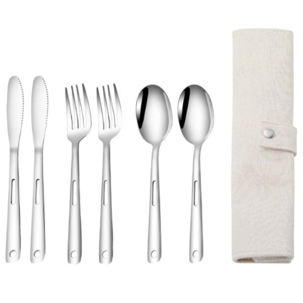 7-Piece Reusable Stainless Steel Cutlery Set with Canvas Pouch - Silver