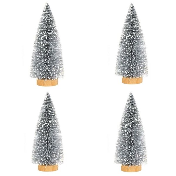 4 x Mini Christmas Pine Tree With Snow And Wood - 16cm