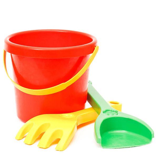 Kids Plastic Beach Bucket with a Handle a 2 Spade Set - Small
