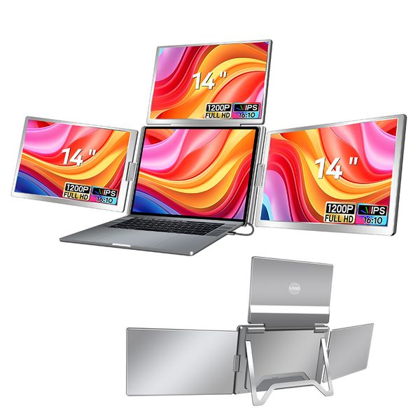 Portable 14inch Triple Screen Monitor One Cable Easy Connection