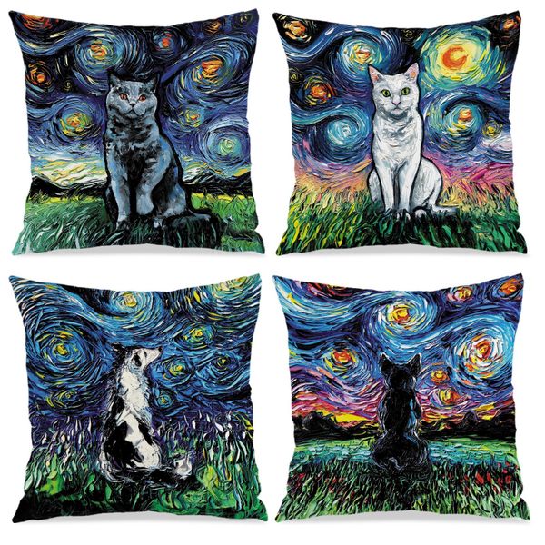 Set of 4 Abstract Dog Cat Printed Cushion Cover, 45x45cm Throw Pillow Cover