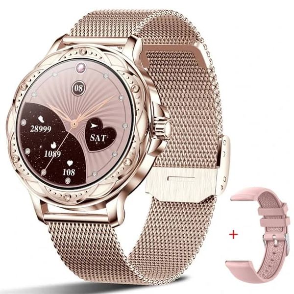 Elegant Smart watch for Women . Gold stainless steel+ pink silicon strap