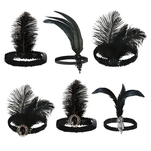 Toy Cosplay 1920s Style Black Feather Flapper Elastic Headbands Set of 6