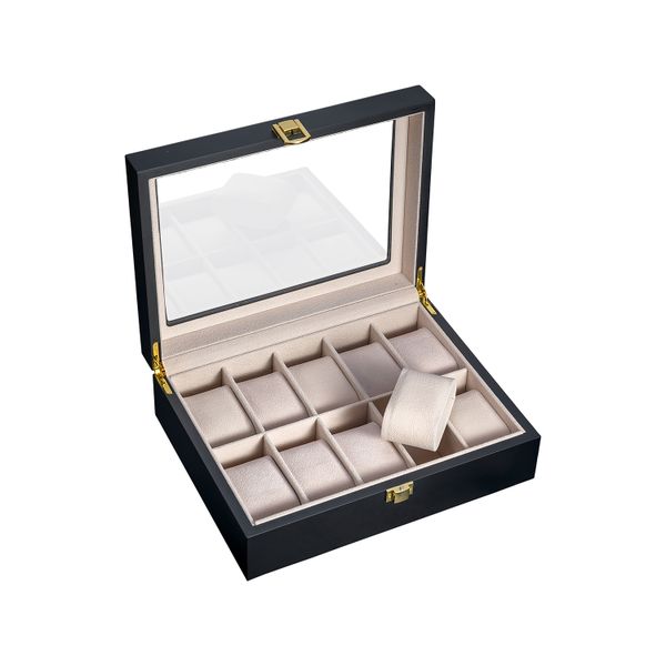 Baked Lacquer Leather Watch Display Storage Box-10 Slots-Inner Beige Colour