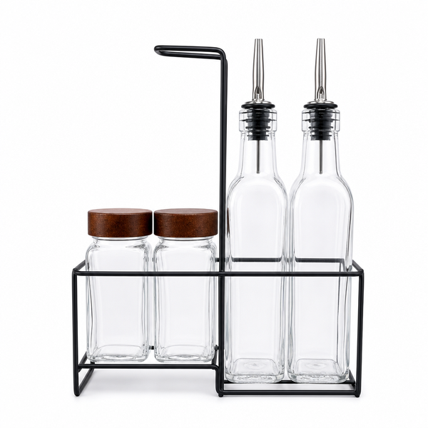 4-Piece Glass Oil &amp; Spice Dispenser Set with Black Iron Stand