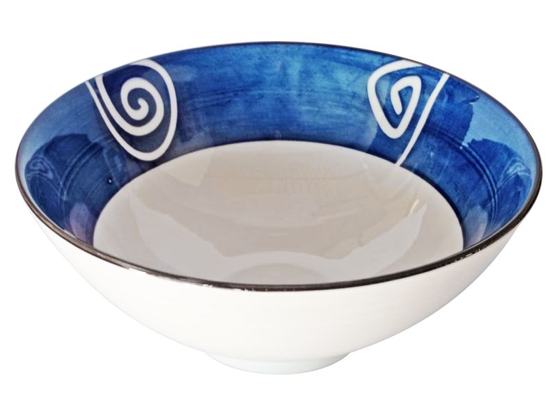 Bowl Rnd Blue Band &amp; White Spiral