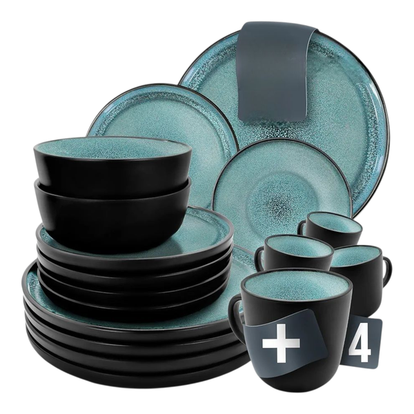 16-Piece Stoneware Dinner Set - Lipped Design, Matt Black &amp; Ocean Blue