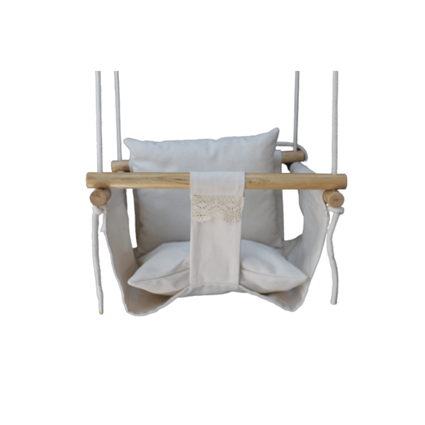 Baby Swing - Fabric &amp; Wood - Light Oatmeal with Lace