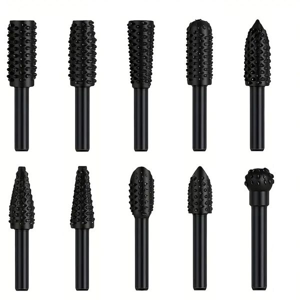 10Piece Rotary Burr Wood Carving Rasp Files Set with 6MM Hex Shank for Wood