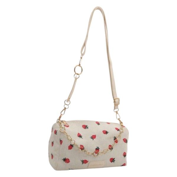 Charming Strawberry-Print Corduroy Shoulder Bag - White