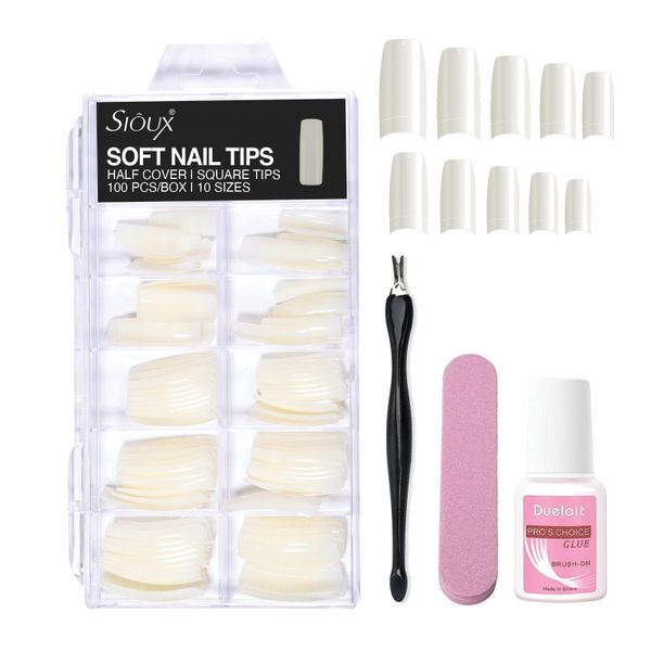 Sioux Soft Nail Tips - 100 Pieces Half-Cover Square Tips Nail Extension Set