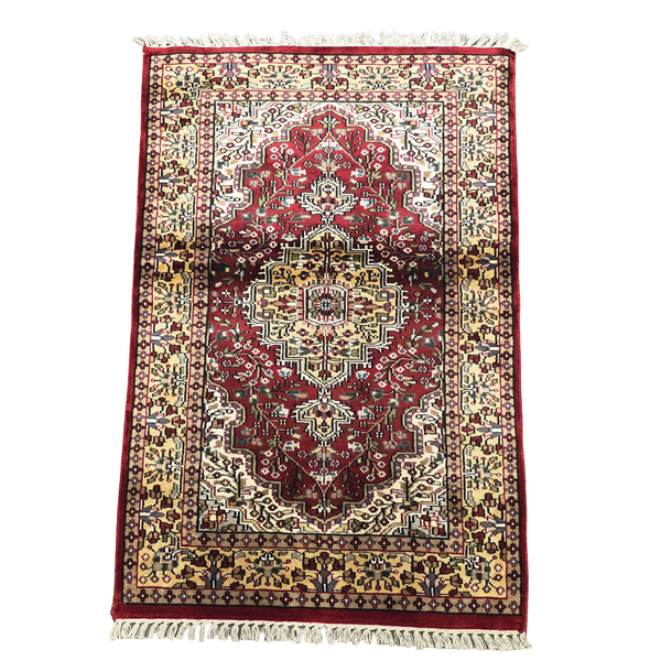Jaipuri Deep Red &amp; Beige Hand Made Silk Carpet - 115 x 76cm