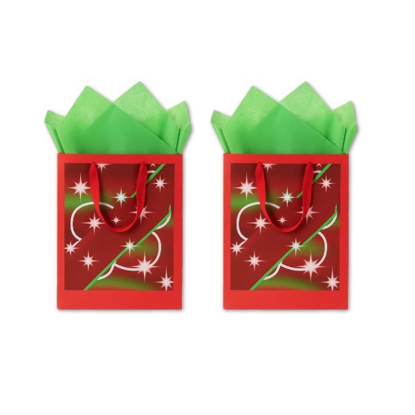 Set of 2 Red Star Christmas Gift Bags with Green Tissue Paper