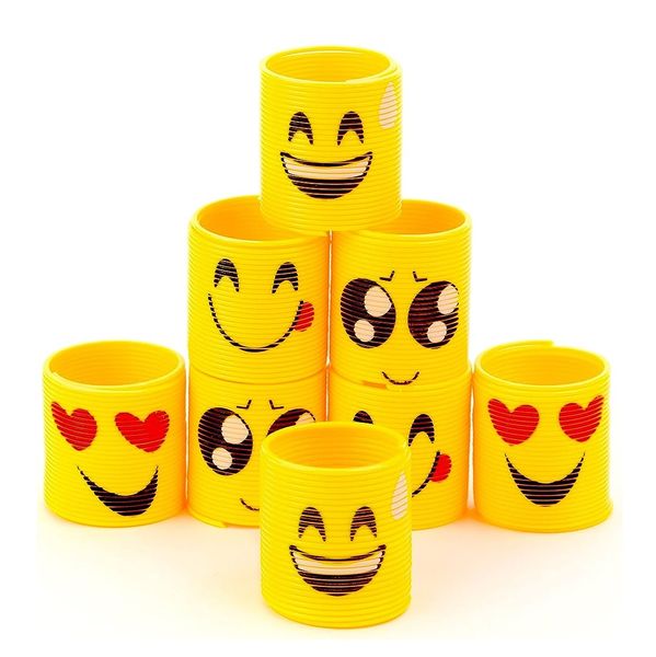 Party &amp; Classroom Kids Prizes - Yellow Emoji Mini Smiley Slinkies - 8 Piece