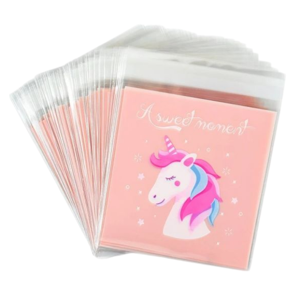 100pcs Adorable Unicorn Printed Self-Sealing Gift Bags - Pink