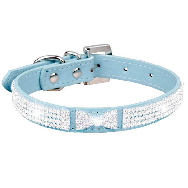 Rhinestone Collar with Rhinestone Bow,PU Leather for Dogs and Cats,M Blue
