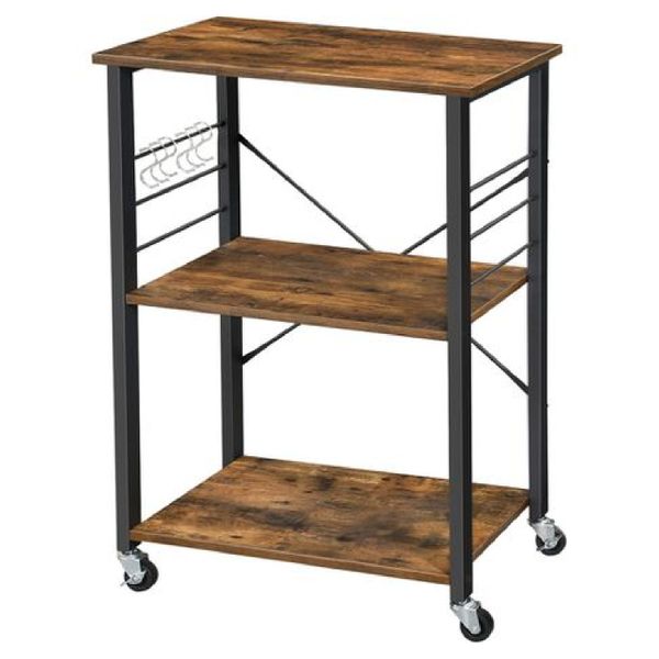 3-Tier Rustic Kitchen Trolley - Wood Shelves, Metal Frame, Locking Wheels