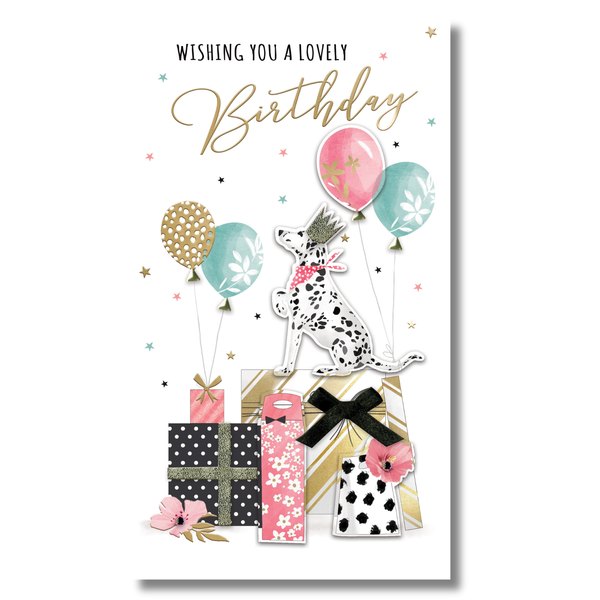 Birthday card - Dalmation with Balloons &amp; Gifts