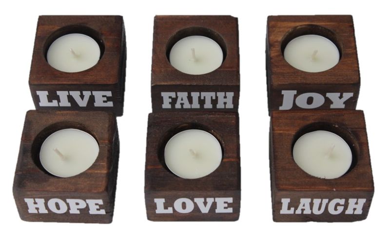 Worded Wooden Candle Holder - Set of 6