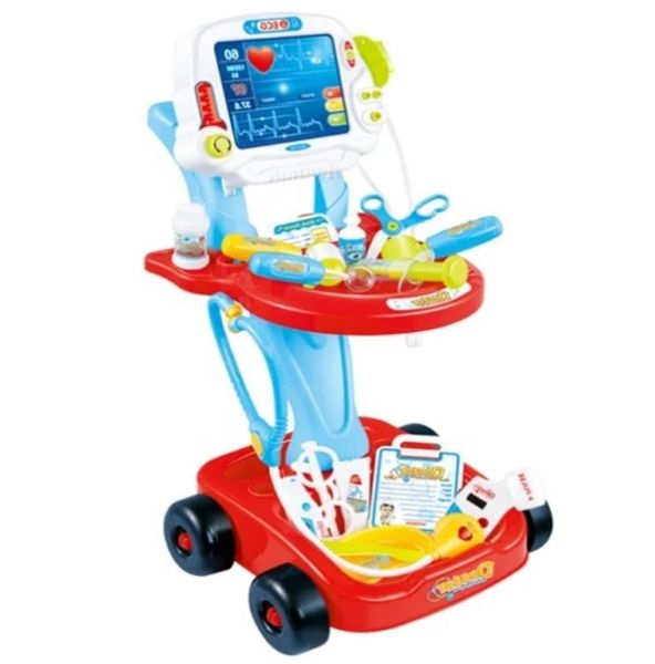 Doctor Cart Kit 17 piece trolley, X-ray ECG Sound Lights Pretend Play - Red
