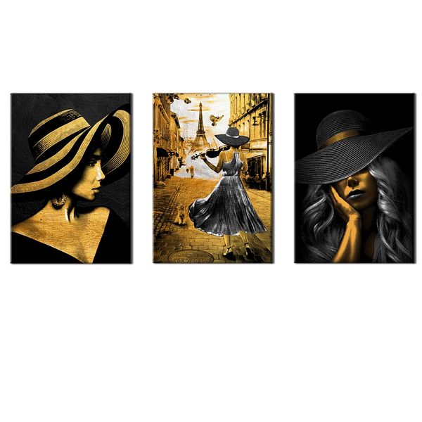 Canvas-Art-3 Pieces Girl With A Violin &amp; Woman with Hats Wall Art