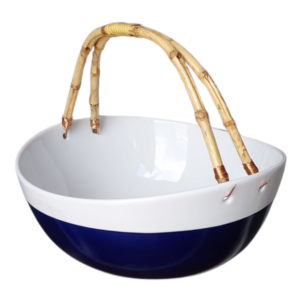 Fruit Bowl 30x27.5x12.5cm Royal Blue and White With Bamboo Stick Handle