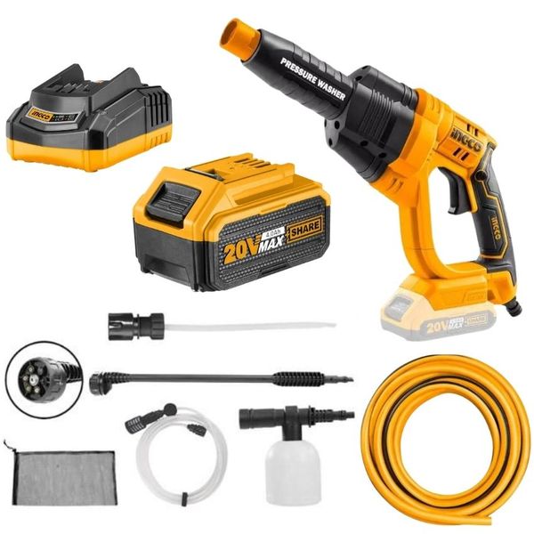 Ingco - Pressure Washer with Battery, Charger and Garden Hose (20M)
