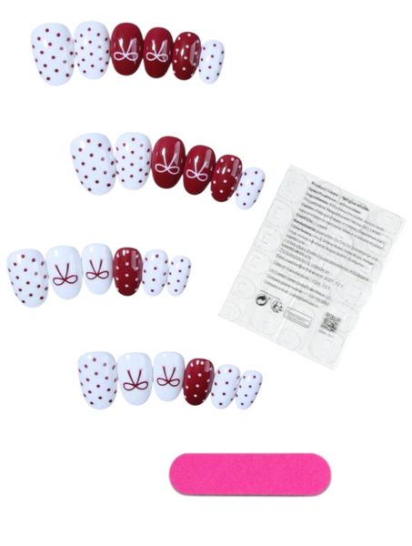 24 Piece - Polka Dot and Bow Design Almond-Shaped Press-On Nails