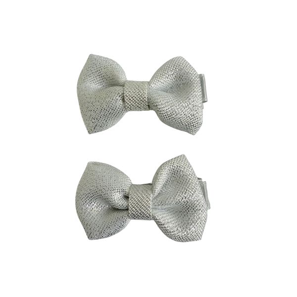 Medium Silver Party Bow Hair Clip Glitter Dressy Hair Accessory - Set of 2