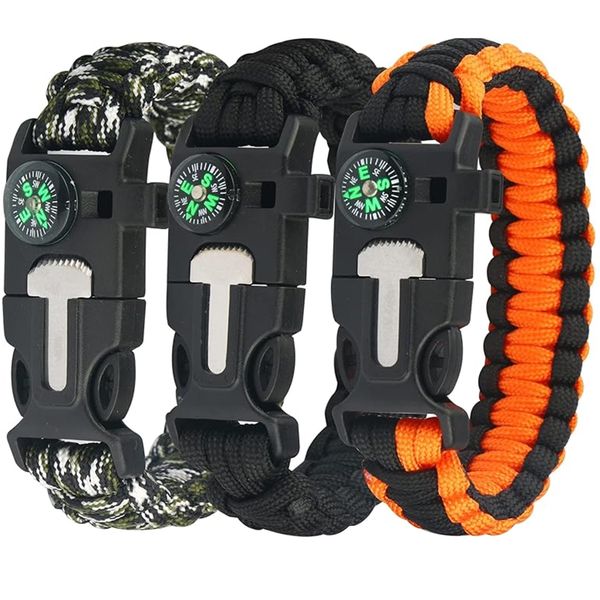 Set of 3 Outdoor Survival Bracelet, With paracord, compass, whistle