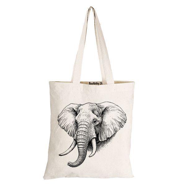 African Elephant Sketch - Eco-Cotton Natural Fibre Bag