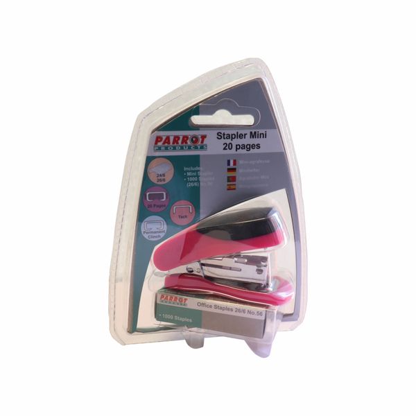 Parrot Products Mini Plastic Stapler - Pink + 1000 Staples (26/6)