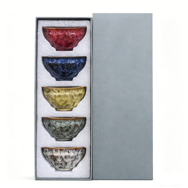 A Set of 5 Traditional Kiln-Changed Five Elements Kung Fu Teacups