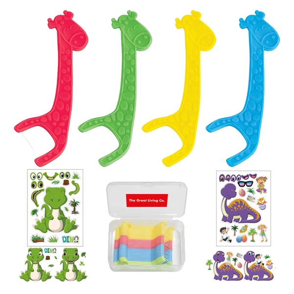 Fun Kids Floss Picks -40Piece &amp; Storage Box &amp; 2 Make your Dino Sticker Sheets